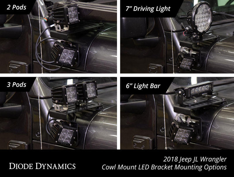 Diode Dynamics 18-21 Jeep JL Wrangler/Gladiator SS6 Cowl LED Bracket Kit - White Flood