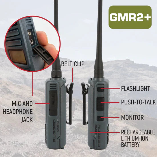 GREAT OUTDOORS PACK - GMR2 PLUS GMRS and FRS Two Way Handheld Radios with Lapel Mics and XL Batteries